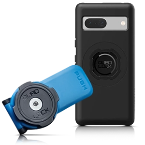 Custodia per cellulare Quad Lock nera con adattatore per supporto blu per Google Pixel.